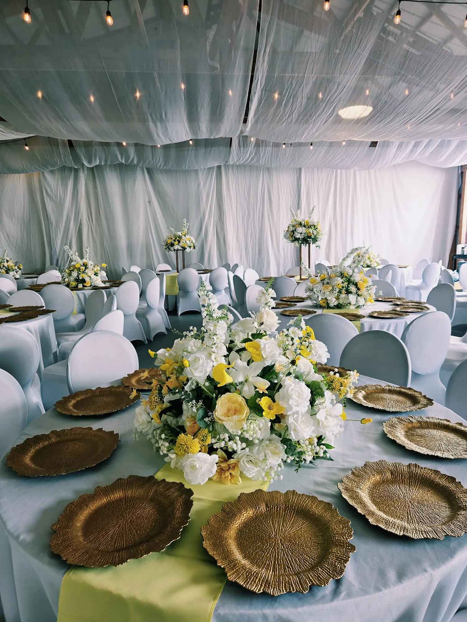 Round tables under the barn's draped ceiling, laid with gold charger plates and arrangements of yellow and white flowers.